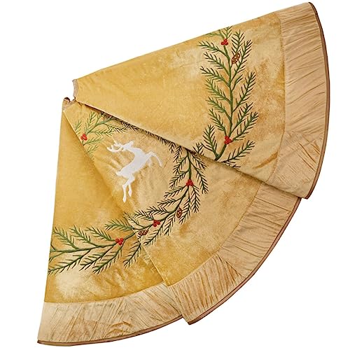 ONGLYP X.Sem Pine Branches Embroidered Velvet Christmas Tree Skirt with Pleat Velvet Border 50'' (Gold, 50 inch) - Image 1