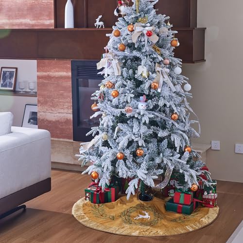 ONGLYP X.Sem Pine Branches Embroidered Velvet Christmas Tree Skirt with Pleat Velvet Border 50'' (Gold, 50 inch) - Image 2