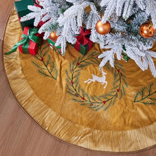 ONGLYP X.Sem Pine Branches Embroidered Velvet Christmas Tree Skirt with Pleat Velvet Border 50'' (Gold, 50 inch) - Image 4