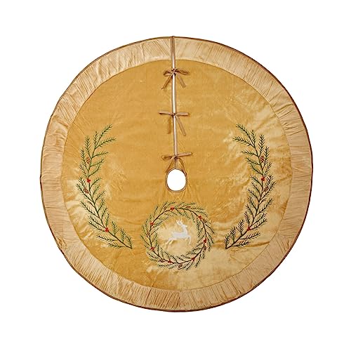 ONGLYP X.Sem Pine Branches Embroidered Velvet Christmas Tree Skirt with Pleat Velvet Border 50'' (Gold, 50 inch) - Image 3