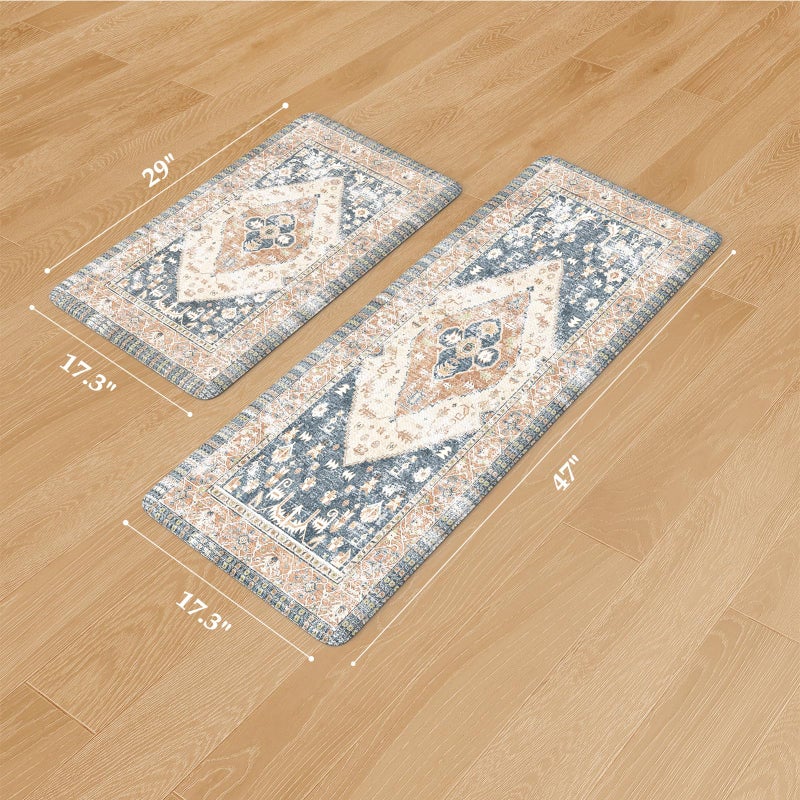 KIMODE Kitchen Rugs and Mats 2PCS Cushioned Anti Fatigue Kitchen Mat Non-Skid Waterproof Kitchen Runner Rug for Kitchen Decor,Floors,Office,Laundry,Blue and Gold - Image 3
