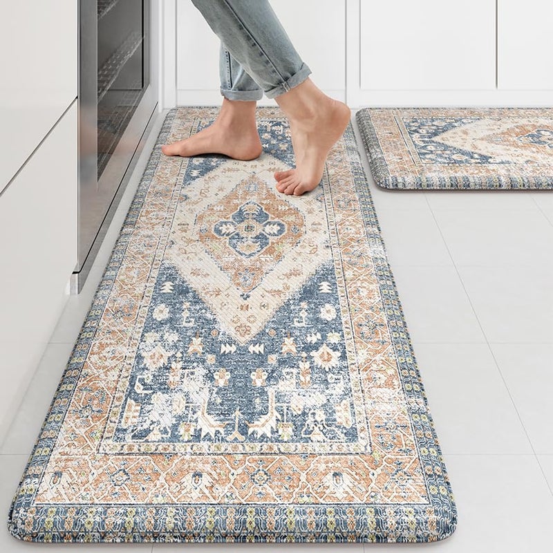 KIMODE Kitchen Rugs and Mats 2PCS Cushioned Anti Fatigue Kitchen Mat Non-Skid Waterproof Kitchen Runner Rug for Kitchen Decor,Floors,Office,Laundry,Blue and Gold - Image 1