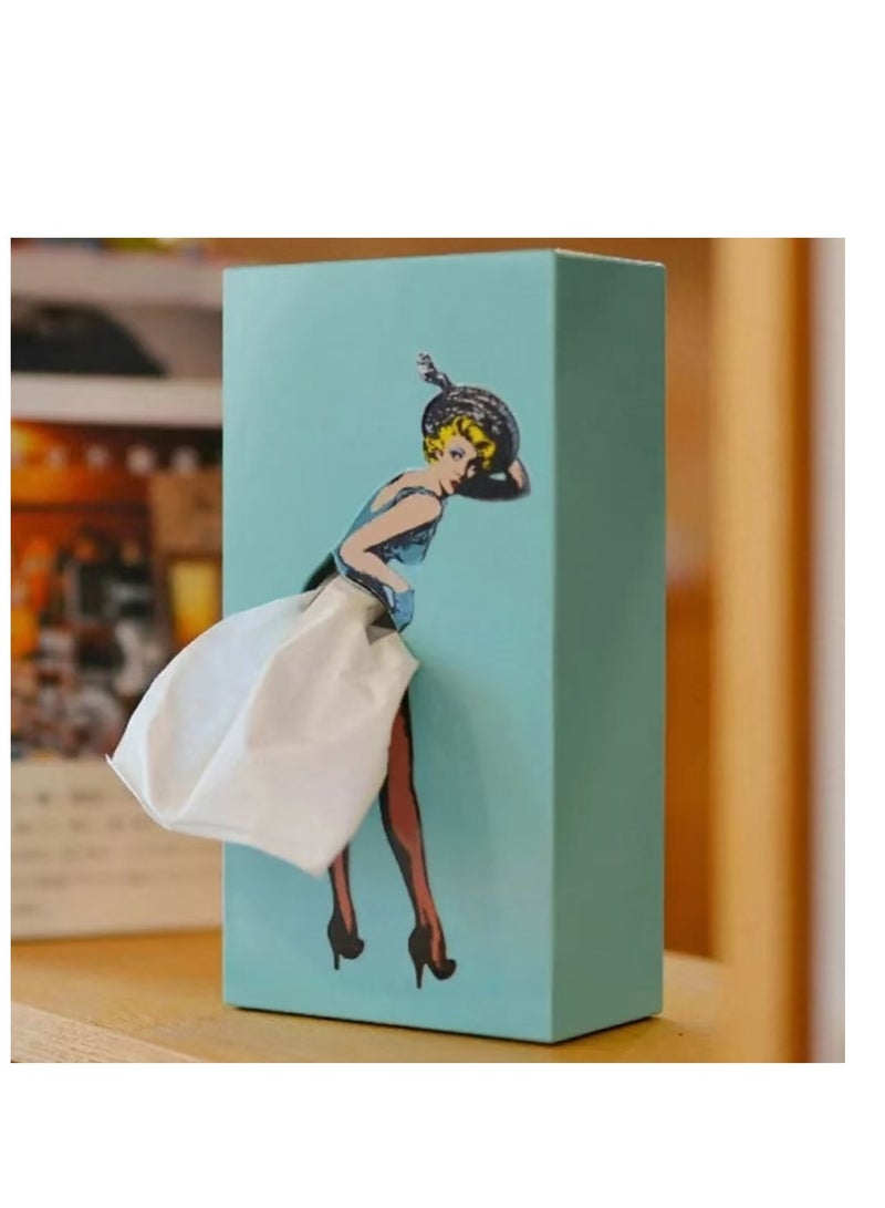 BLUE CORAL Flying Skirt Tissue Box Easy Access Funny Tabletop Tissue Box Holder for Kitchen Dining Coffee Table Paper Towel Storage Box (Blue)  - Image 1