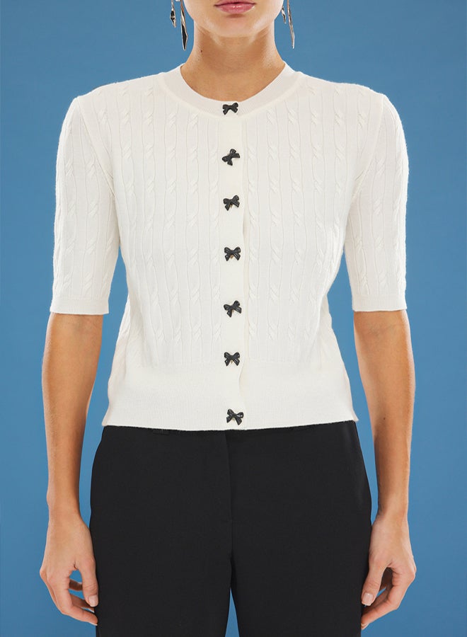 trendyol Ecru Premium Yarn/Special Yarn Ribbon Button Knitwear Cardigan - Image 3