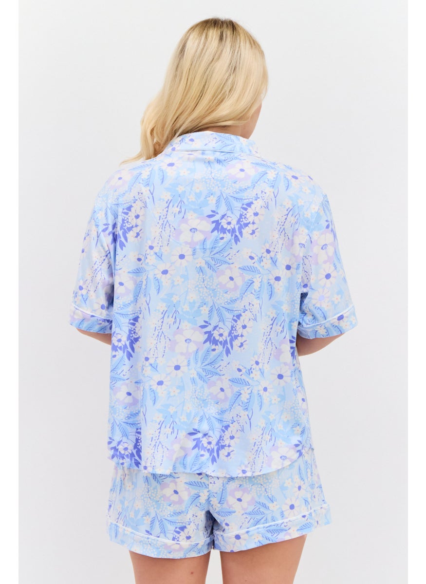 Flora By Flora Nikrooz - Women  2pc Floral Print Pyjamas Set, Sky Blue - Image 1