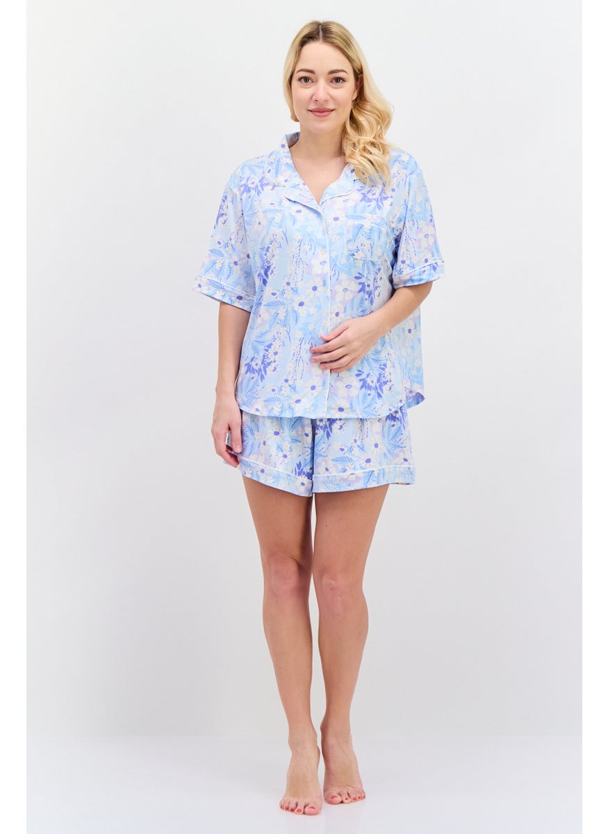 Flora By Flora Nikrooz - Women  2pc Floral Print Pyjamas Set, Sky Blue - Image 1