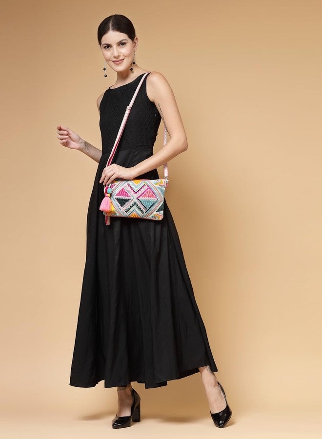 Anekaant Womens Boho Fluorescent Pink & Multi Ethnic Cotton Jacquard Sling Bag - Image 2