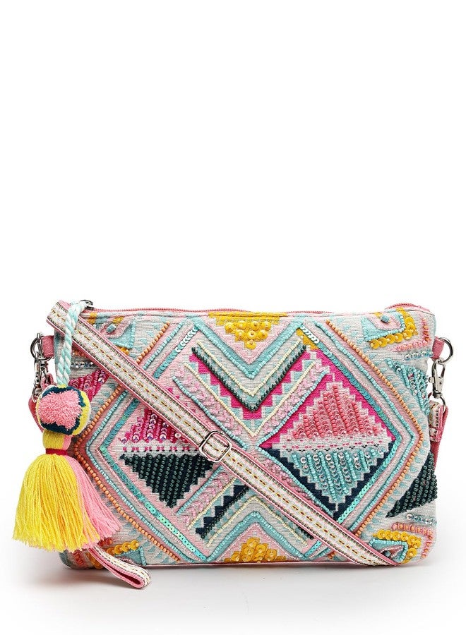 Anekaant Womens Boho Fluorescent Pink & Multi Ethnic Cotton Jacquard Sling Bag - Image 1