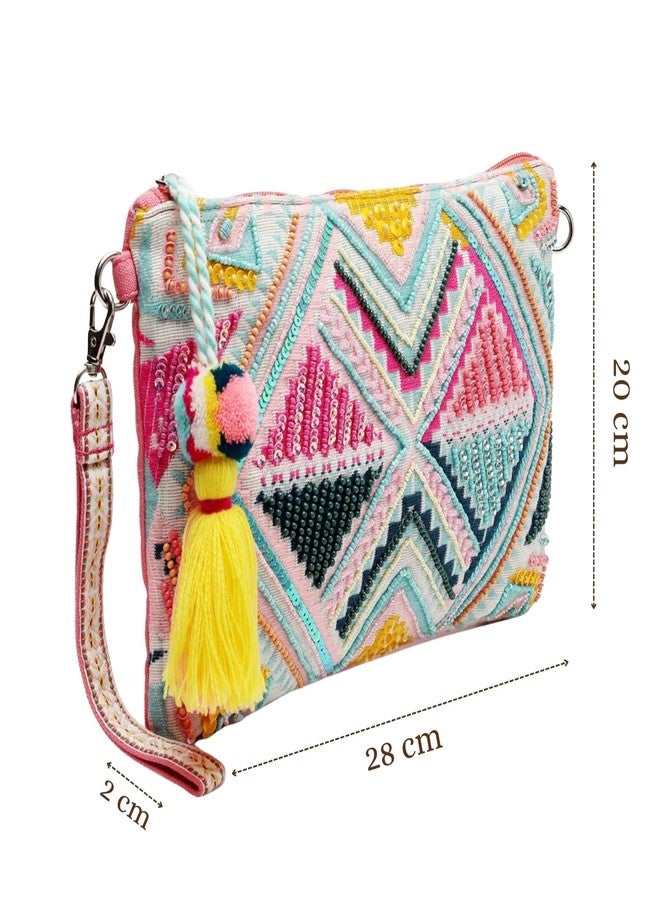 Anekaant Womens Boho Fluorescent Pink & Multi Ethnic Cotton Jacquard Sling Bag - Image 5