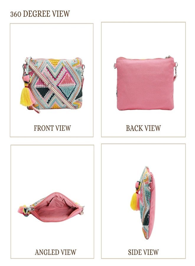 Anekaant Womens Boho Fluorescent Pink & Multi Ethnic Cotton Jacquard Sling Bag - Image 4