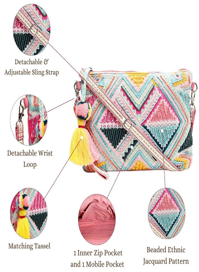 Anekaant Womens Boho Fluorescent Pink & Multi Ethnic Cotton Jacquard Sling Bag - Image 3