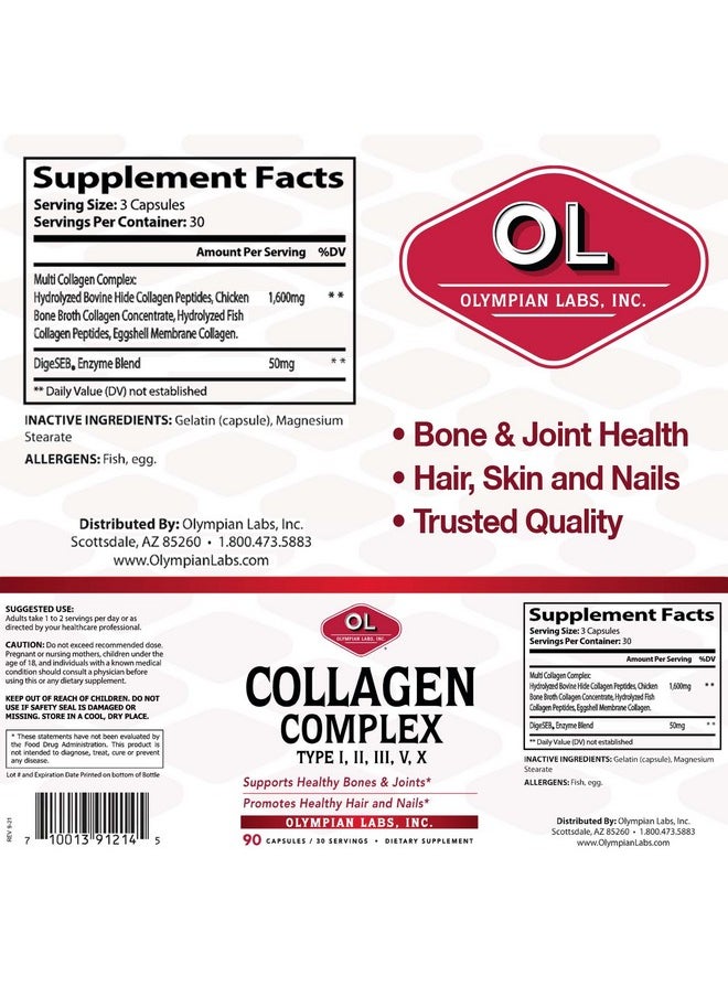 Olympian Labs Multi Collagen Complex Type I Ii Iii V X Hair Nails Joint Gut Health 90 Caps 30Day Supply  - Image 2