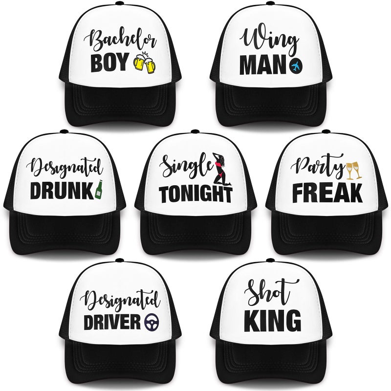 JaGely 7 Pcs Funny Bachelor Party Trucker Hats Groom Hat Groomsman Cap for Bachelor Party Decoration Favor AccessoriesBlack