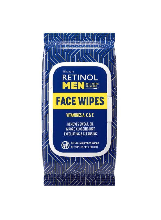 RETINOL LIVAURA Retinol Men Facial Wipes Anti-Aging Cleansing Towelettes - Quickly cleanse face from sweat, oil and pore-clogging dirt without any heavy residue (60 Count (Pack of 1)) - Image 1