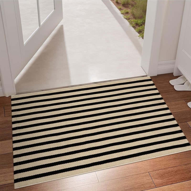 LEEVAN Outdoor Door Mat 2'x3' Washable Welcome Mat Woven Black and White Entryway Rug Farmhouse Front Porch Decor Outside Entrance Striped Outdoor Floor Mats - Image 4