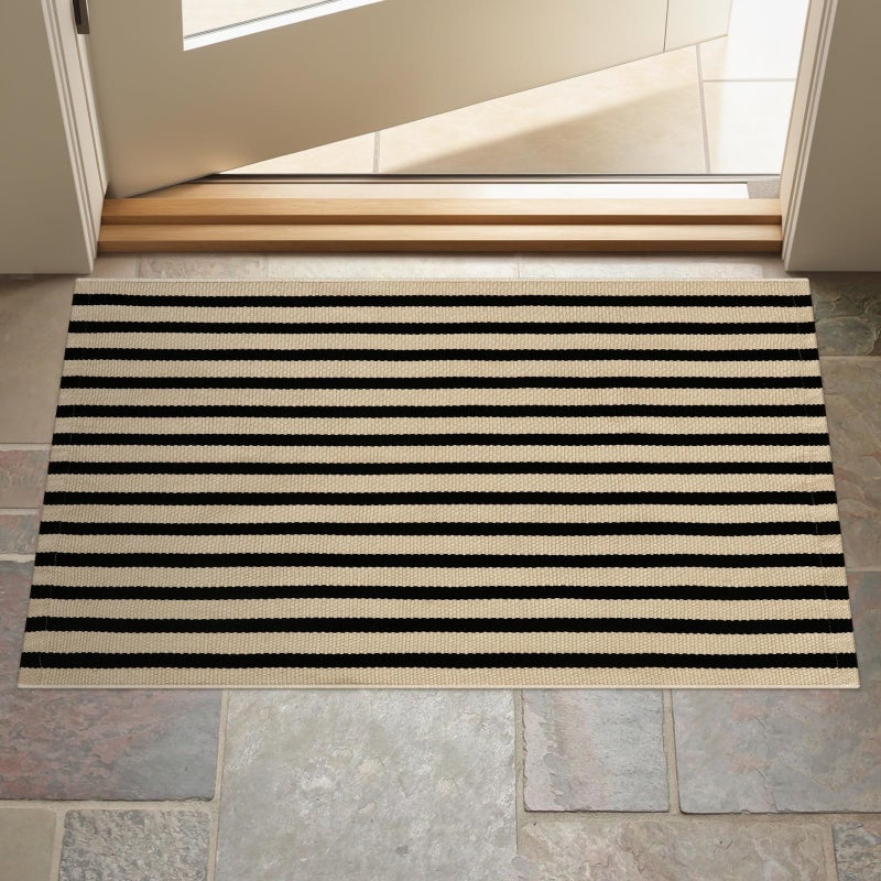 LEEVAN Outdoor Door Mat 2'x3' Washable Welcome Mat Woven Black and White Entryway Rug Farmhouse Front Porch Decor Outside Entrance Striped Outdoor Floor Mats - Image 3