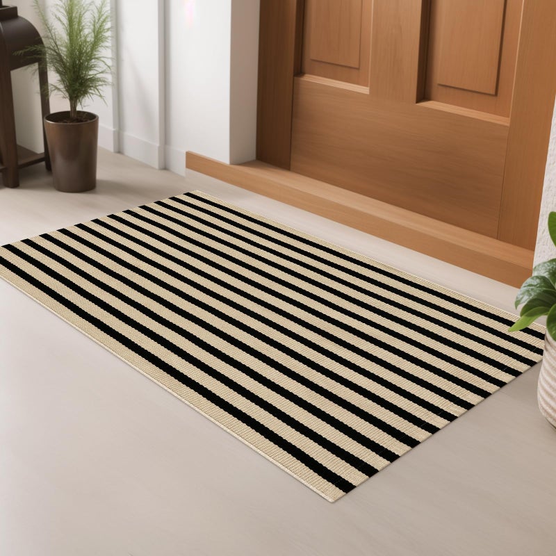 LEEVAN Outdoor Door Mat 2'x3' Washable Welcome Mat Woven Black and White Entryway Rug Farmhouse Front Porch Decor Outside Entrance Striped Outdoor Floor Mats - Image 2