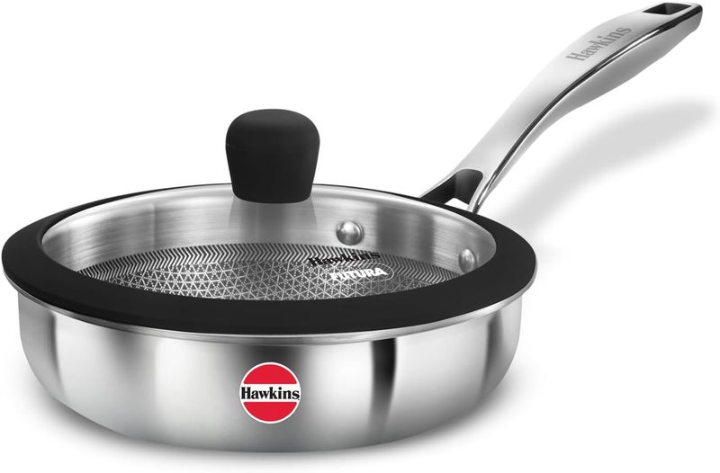 Hawkins Pro 18 cm Shielded Nonstick Triply Frying Pan with Stainless Steel Handle and Glass Lid - Image 1