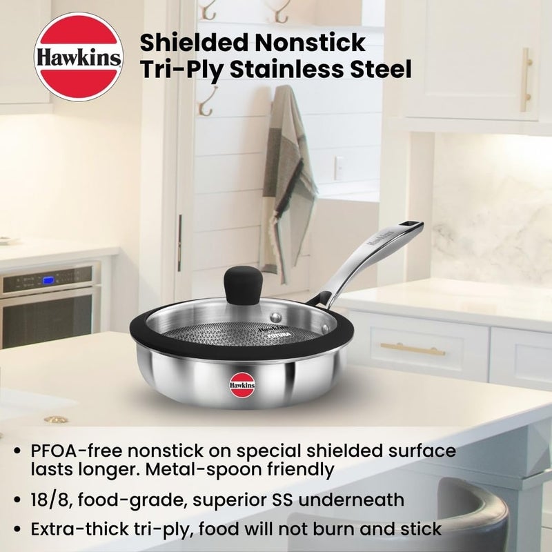 Hawkins Pro 18 cm Shielded Nonstick Triply Frying Pan with Stainless Steel Handle and Glass Lid - Image 2