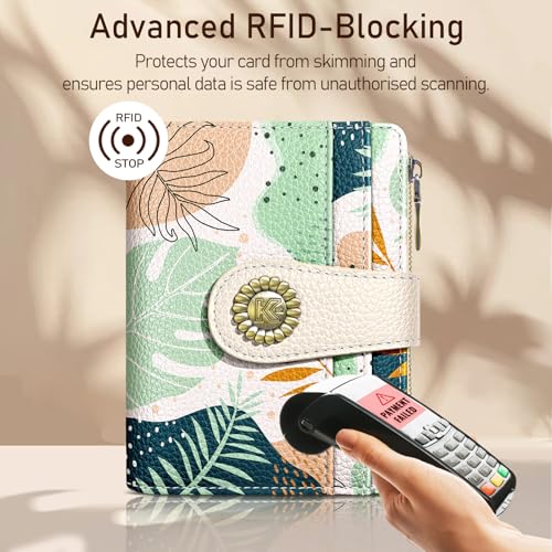 Kelvoris Boho Leafs Abstract Art Small Rfid Women Wallet Bifold Zipper Coin Pocket PU Leather Compact Cash Credit Card Holder Travel Wallet for Female Ladies Teen Girls 1 ID Window 10 Card Slots - Image 3