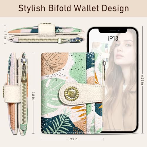 Kelvoris Boho Leafs Abstract Art Small Rfid Women Wallet Bifold Zipper Coin Pocket PU Leather Compact Cash Credit Card Holder Travel Wallet for Female Ladies Teen Girls 1 ID Window 10 Card Slots - Image 5