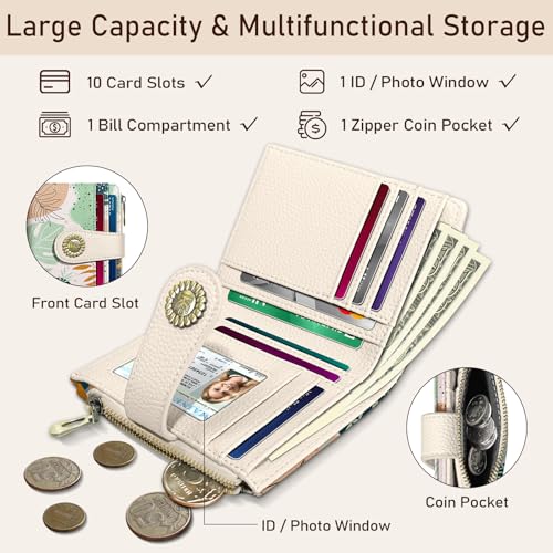 Kelvoris Boho Leafs Abstract Art Small Rfid Women Wallet Bifold Zipper Coin Pocket PU Leather Compact Cash Credit Card Holder Travel Wallet for Female Ladies Teen Girls 1 ID Window 10 Card Slots - Image 4