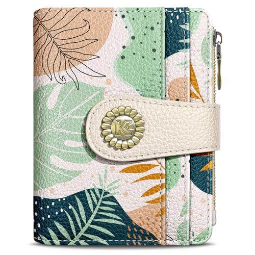 Kelvoris Boho Leafs Abstract Art Small Rfid Women Wallet Bifold Zipper Coin Pocket PU Leather Compact Cash Credit Card Holder Travel Wallet for Female Ladies Teen Girls 1 ID Window 10 Card Slots - Image 1
