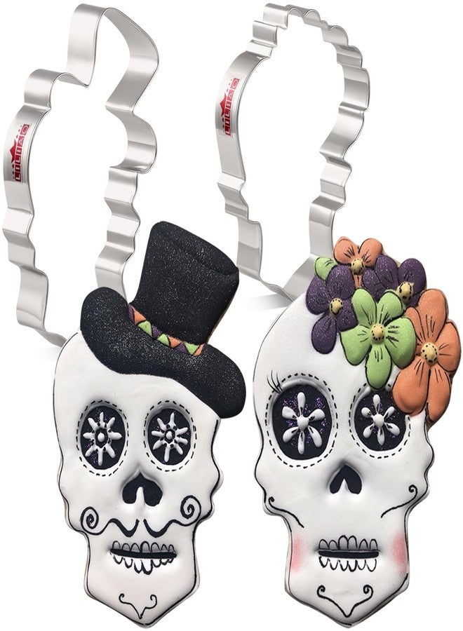 LILIAO Halloween Skull Cookie Cutter Set - 2 Piece - Skull with Hat and Flowers Fondant Biscuit Cutters - Stainless Steel - Image 1