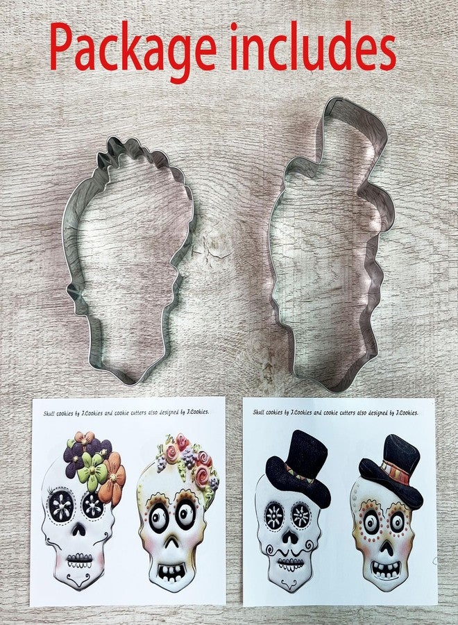 LILIAO Halloween Skull Cookie Cutter Set - 2 Piece - Skull with Hat and Flowers Fondant Biscuit Cutters - Stainless Steel - Image 2