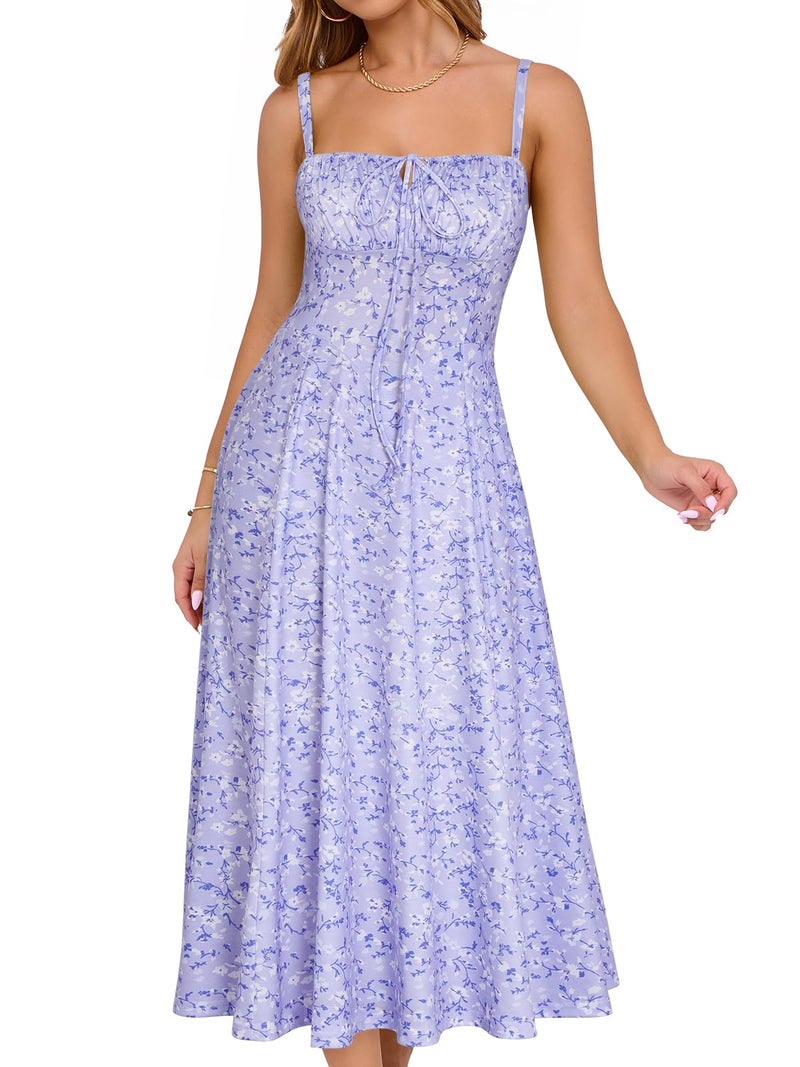 YATHON Milkmaid Midi Boho Easter Dress Women Petite Floral Cottagecore Floral Dresses for Women Tea Party(YT552-Purple Floral 03,L) - Image 1
