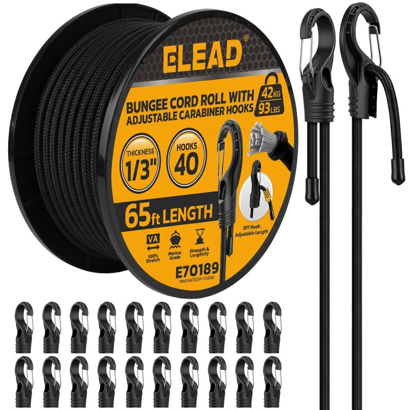 ELEAD Bungee Cord Roll with 40-Piece Adjustable Hooks, 1/3" x 65ft Heavy Duty Outdoor Bungee Cords, Marine Grade Black Super Elastic Cord with Carabiner Hooks for Cargo, Camping, Bike Racks, Tents - Image 1