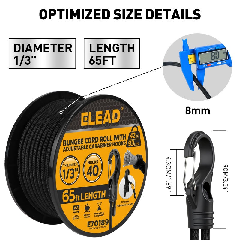 ELEAD Bungee Cord Roll with 40-Piece Adjustable Hooks, 1/3" x 65ft Heavy Duty Outdoor Bungee Cords, Marine Grade Black Super Elastic Cord with Carabiner Hooks for Cargo, Camping, Bike Racks, Tents - Image 2