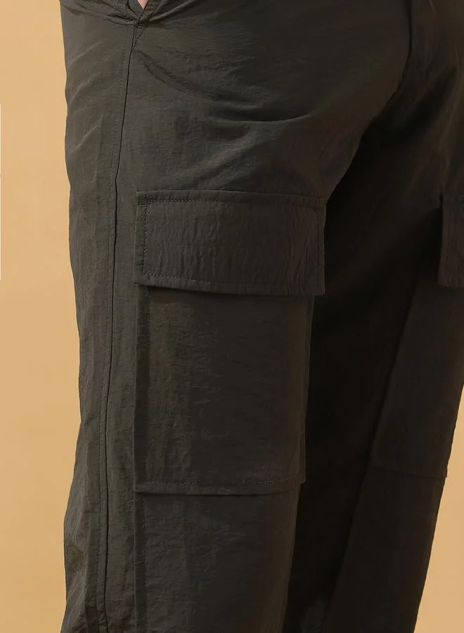 Dennis Lingo Men's Mehendi 100% Nylon Solid Pattern Full Length Cargo Joggers Straight Fit Pants