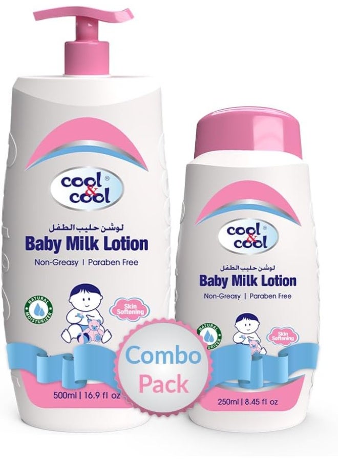 Cool & Cool Baby Milk Lotion - 500ML + 250ML - Skin Softening, Non-Greasy, Paraben-Free, Vitamin-E Aloe Vera & Chamomile Extract With Extra Mild Formula 750ML