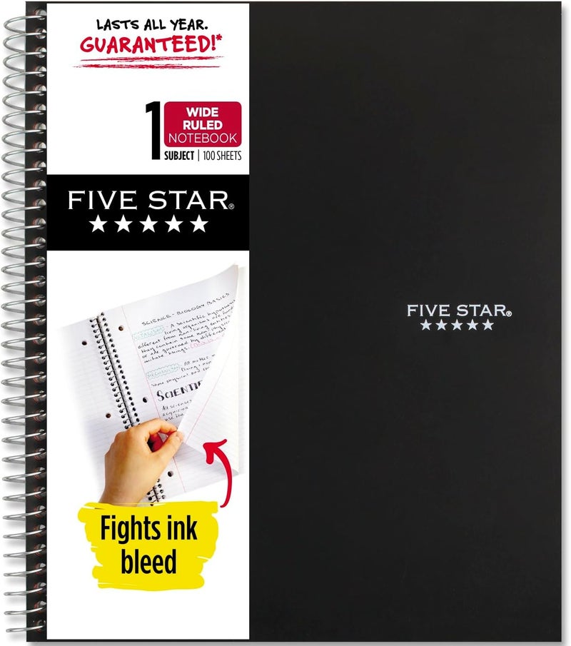 Five Star Spiral Notebook + Study App, 1 Subject, Wide Ruled Paper, 8" x 10-1/2", 100 Sheets, Fights Ink Bleed, Water Resistant Cover, Black (72021) - Image 1