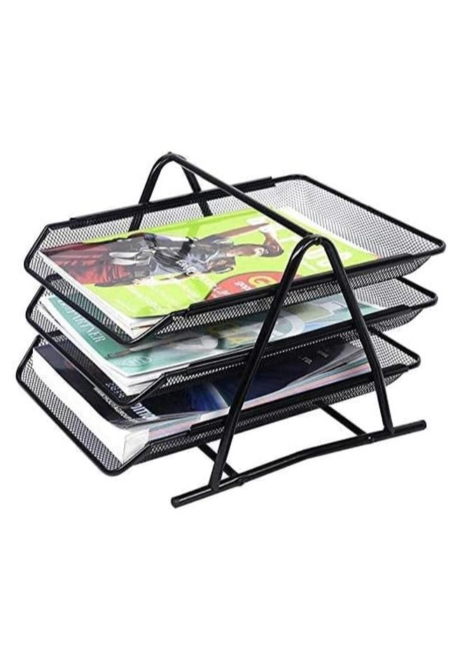 منظم أوراق مكتبي معدني بثلاث طبقات – تصميم شبكي أنيق - Image 1