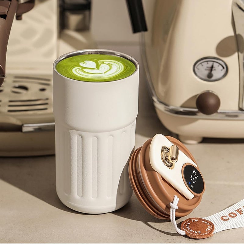 REMANG Stainless Steel Coffee Mug with Digital Display Double Wall Vacuum Insulation Coffee Mug with Ziplock Lid 460 ml Coffee Thermal Mug Coffee to Go White Brown - Image 4