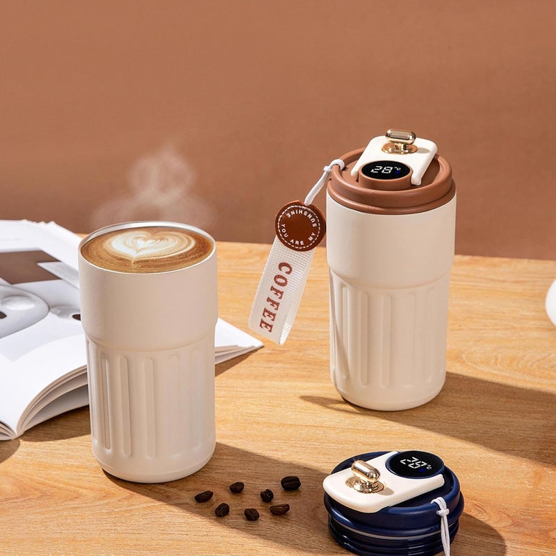 REMANG Stainless Steel Coffee Mug with Digital Display Double Wall Vacuum Insulation Coffee Mug with Ziplock Lid 460 ml Coffee Thermal Mug Coffee to Go White Brown - Image 3