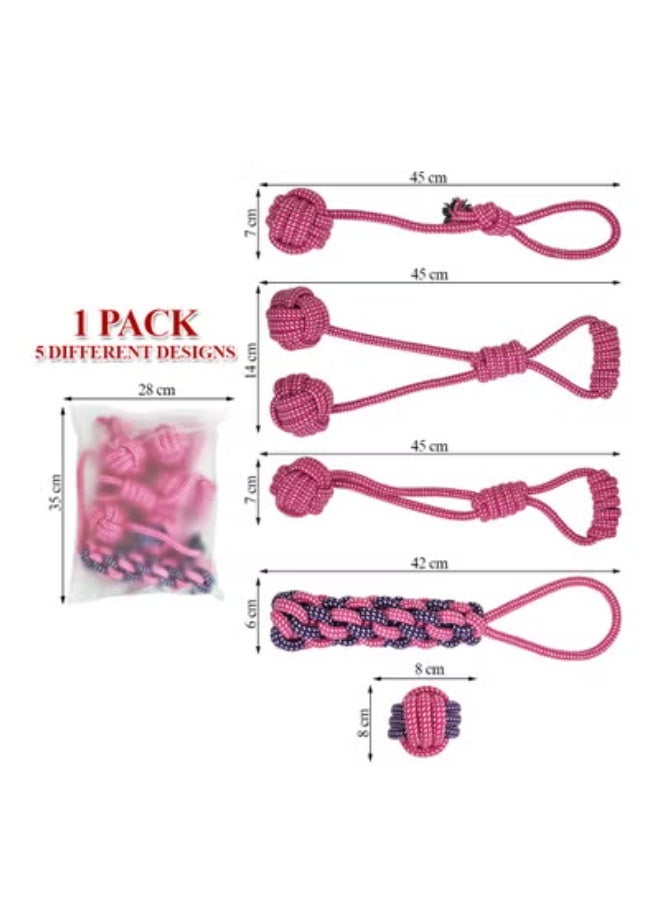 NNC PETS Combo pack of 5 rope toy, Durable and 100% cotton, Ideal for Medium to Large dogs, 45 cm Interactive chew toy for Dental health, Play, Aggressive, and Tug of War, Loop handle with rope ball, (Pink) - Image 2