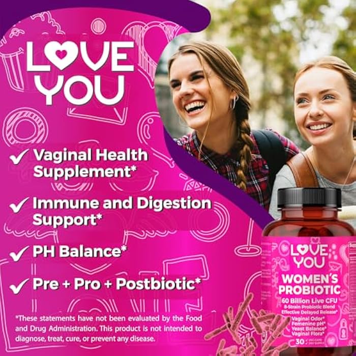 Love You Womens Probiotic, Ph Balance, Ut, Feminine, Vaginal Health Supplement, Digestive, Pre + Pro + Postbiotic, Delayed Release, 60 Billion Live CFU, 8-Strain Probiotic Blend, 30 Veg Caps Servings - Image 2
