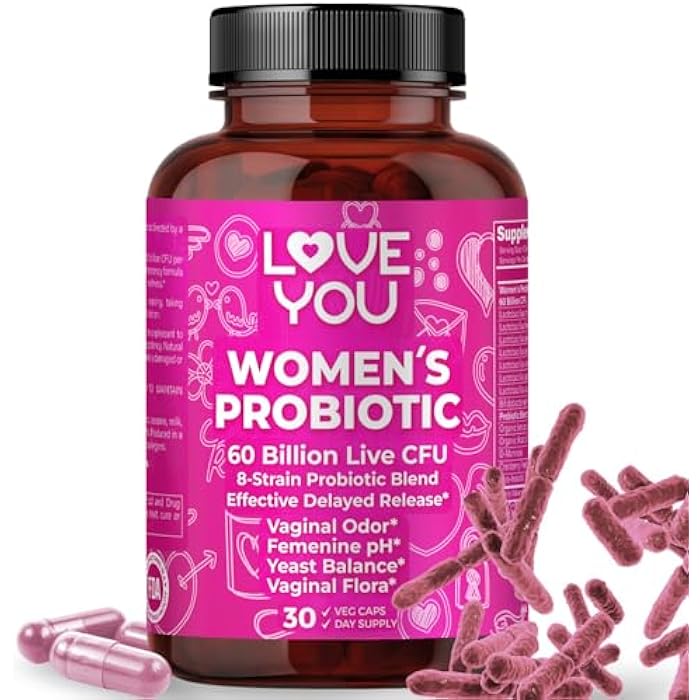 Love You Womens Probiotic, Ph Balance, Ut, Feminine, Vaginal Health Supplement, Digestive, Pre + Pro + Postbiotic, Delayed Release, 60 Billion Live CFU, 8-Strain Probiotic Blend, 30 Veg Caps Servings - Image 1