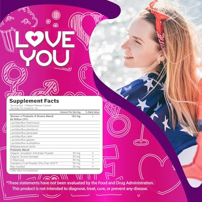 Love You Womens Probiotic, Ph Balance, Ut, Feminine, Vaginal Health Supplement, Digestive, Pre + Pro + Postbiotic, Delayed Release, 60 Billion Live CFU, 8-Strain Probiotic Blend, 30 Veg Caps Servings - Image 3