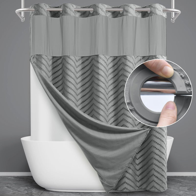 WONICY No Hook Shower Curtain with Snap in Liner, Tufted Chevron Striped Shower Curtain Set for Bathroom, Boho Waterproof and Washable Shower Curtains,71Wx74H, Grey - Image 1