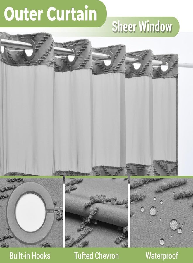WONICY No Hook Shower Curtain with Snap in Liner, Tufted Chevron Striped Shower Curtain Set for Bathroom, Boho Waterproof and Washable Shower Curtains,71Wx74H, Grey - Image 4