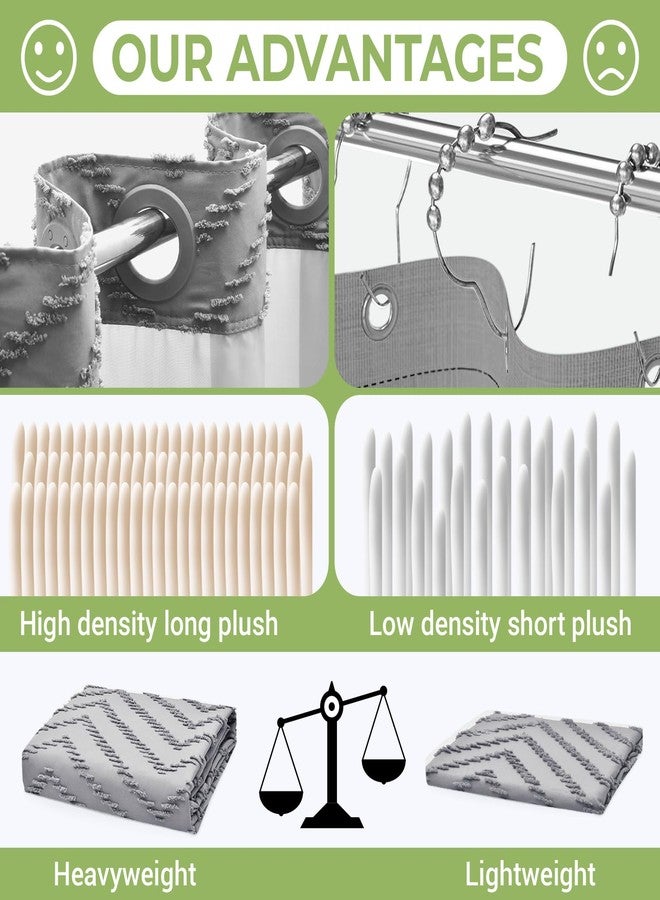 WONICY No Hook Shower Curtain with Snap in Liner, Tufted Chevron Striped Shower Curtain Set for Bathroom, Boho Waterproof and Washable Shower Curtains,71Wx74H, Grey - Image 2