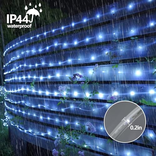 YEGUO Solar Christmas Lights Outdoor Waterproof, 2 Packs Each 33ft 100 LED Rope Lights, 8 Modes Fairy String Lights in Clear Thin Tube for Camping Fence Patio Garden Trampoline Deck(White) - Image 3
