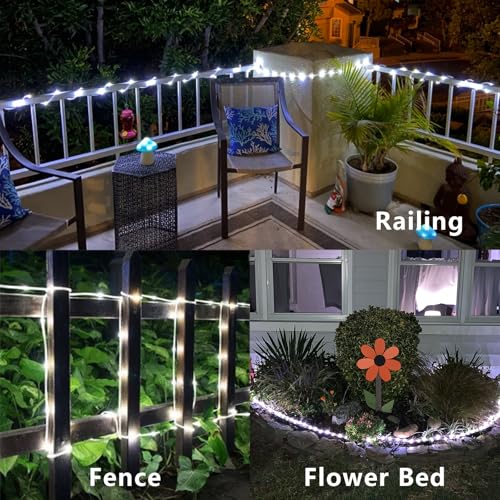 YEGUO Solar Christmas Lights Outdoor Waterproof, 2 Packs Each 33ft 100 LED Rope Lights, 8 Modes Fairy String Lights in Clear Thin Tube for Camping Fence Patio Garden Trampoline Deck(White) - Image 5