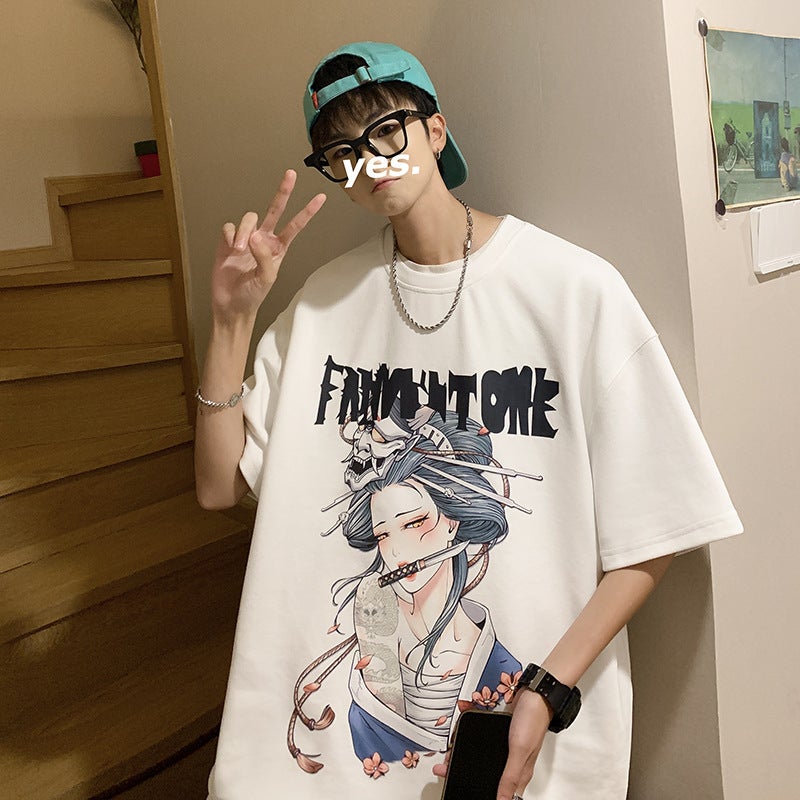 Japanese Printed T-Shirt Men'S Summer Korean Style Trendy Heavy-Duty Short-Sleeved Oversize Teenager Trendy Brand All-Match T-Shirt - Image 2