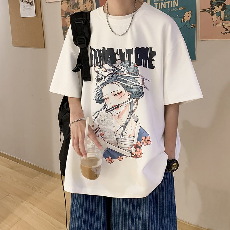 Japanese Printed T-Shirt Men'S Summer Korean Style Trendy Heavy-Duty Short-Sleeved Oversize Teenager Trendy Brand All-Match T-Shirt - Image 4