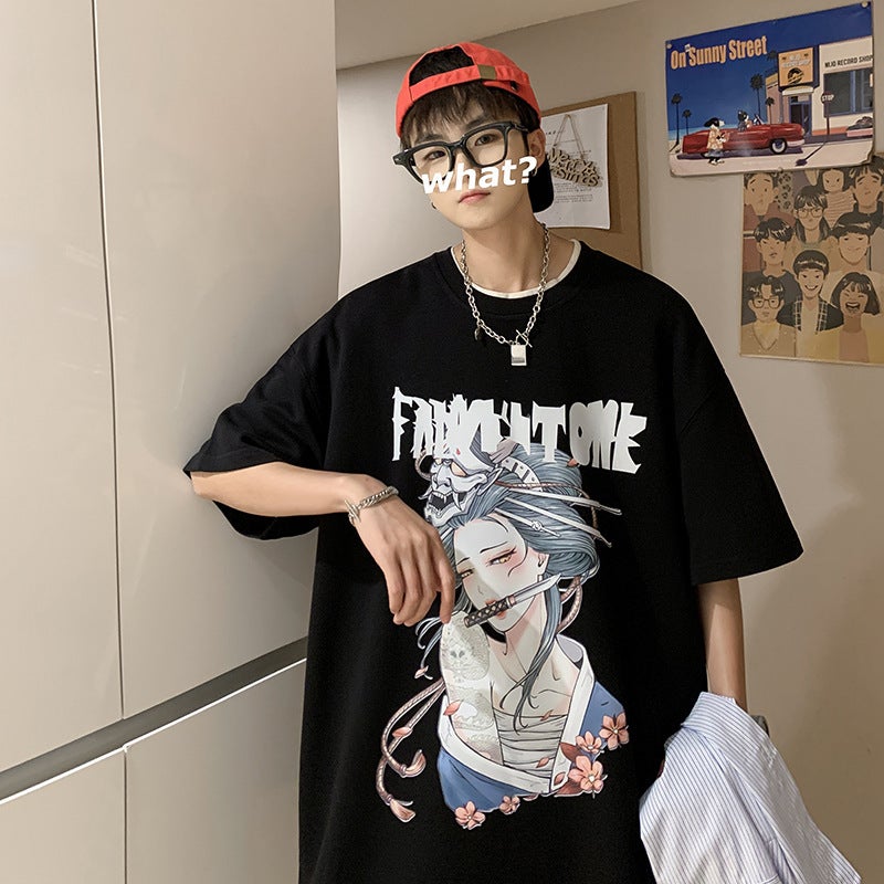 Japanese Printed T-Shirt Men'S Summer Korean Style Trendy Heavy-Duty Short-Sleeved Oversize Teenager Trendy Brand All-Match T-Shirt - Image 1